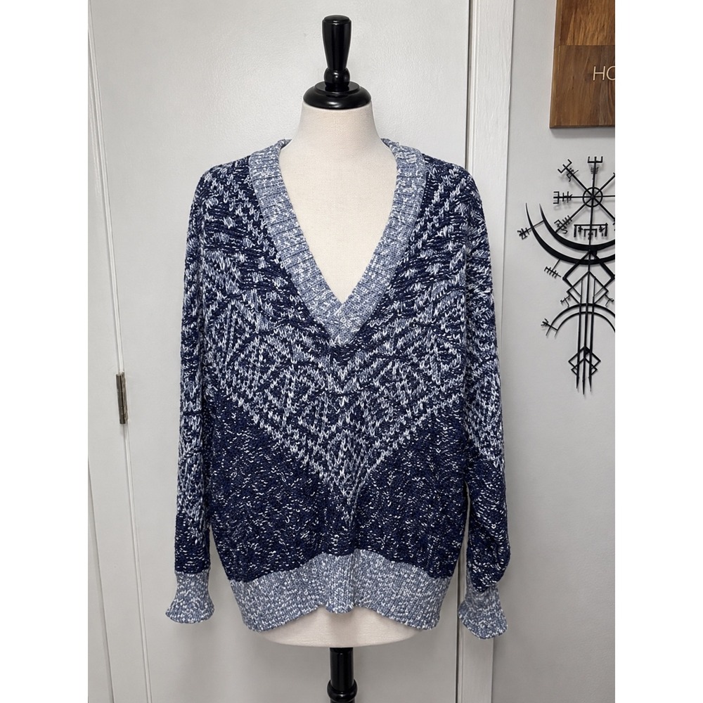 Vintage 90s Y2K Method V Neck Knit Sweater Blue Black White Purple Design Large